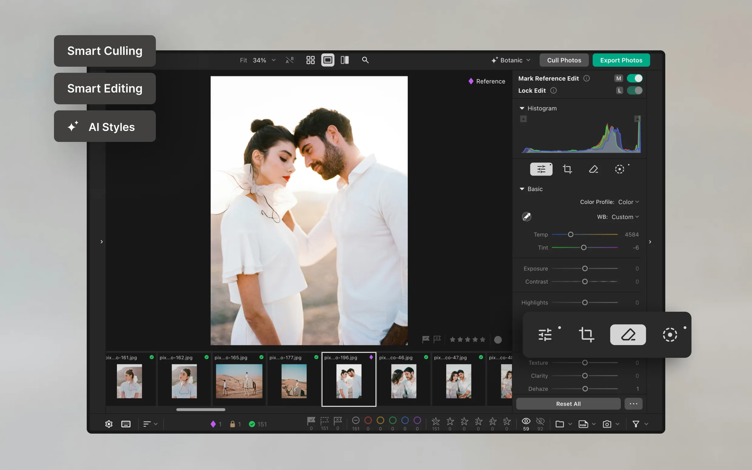 AI Photo Editor for photographers featuring smart culling, AI styles, and batch editing tools in a modern desktop interface.