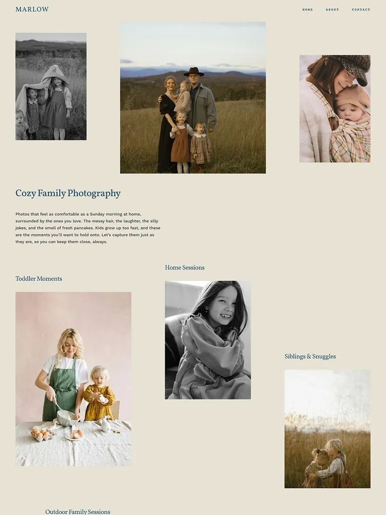 Cozy family photography website theme featuring warm, candid portraits of parents and children, perfect for family and lifestyle photographers.