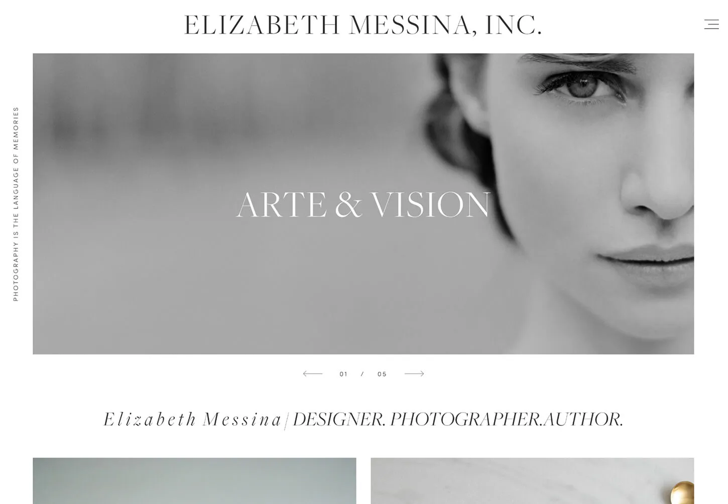 Elegant black-and-white website design for Elizabeth Messina, showcasing fine art portrait photography with sophisticated branding and minimal interface.