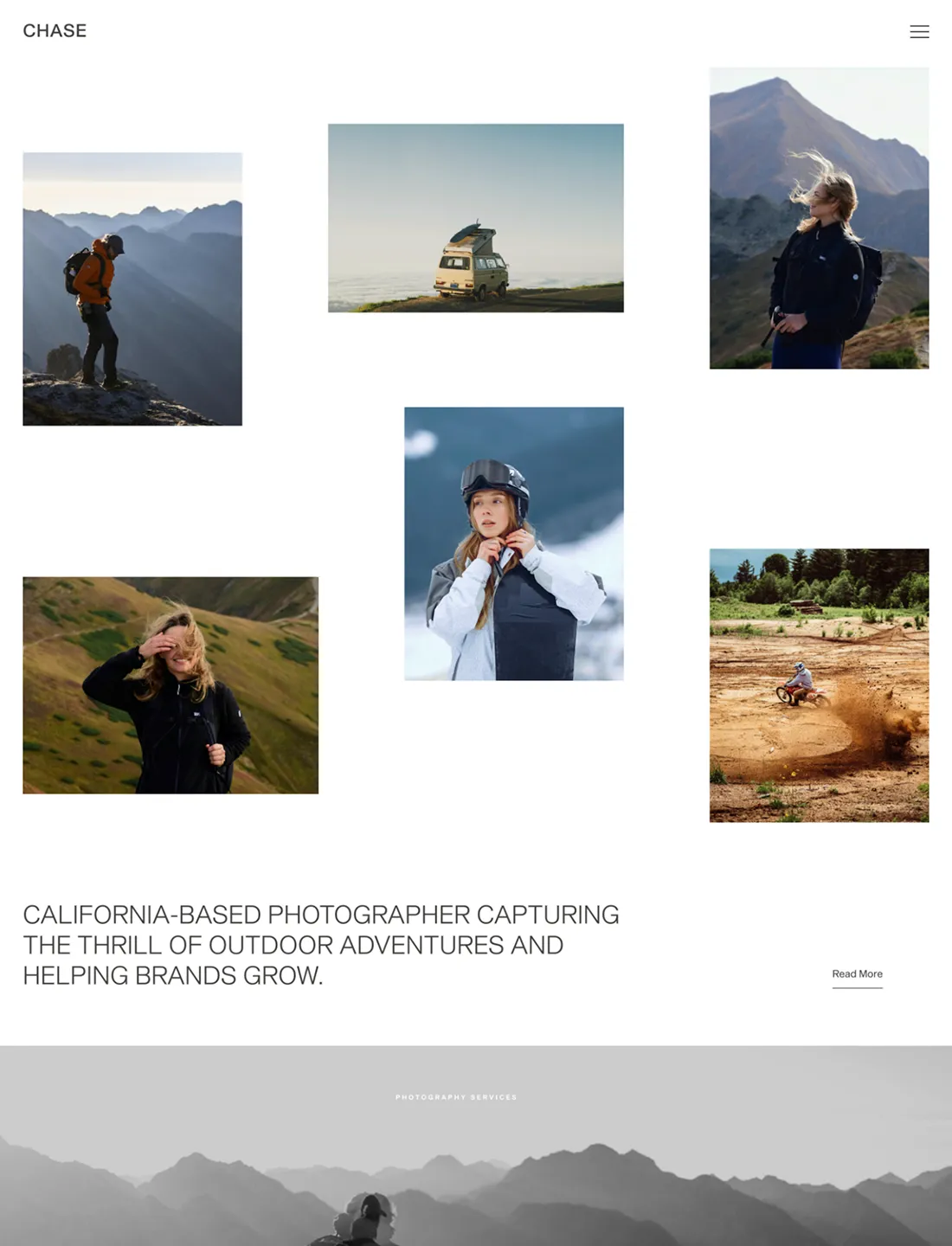Outdoor adventure and commercial photography site showcasing action-packed images of hiking, travel, and sports in rugged landscapes.