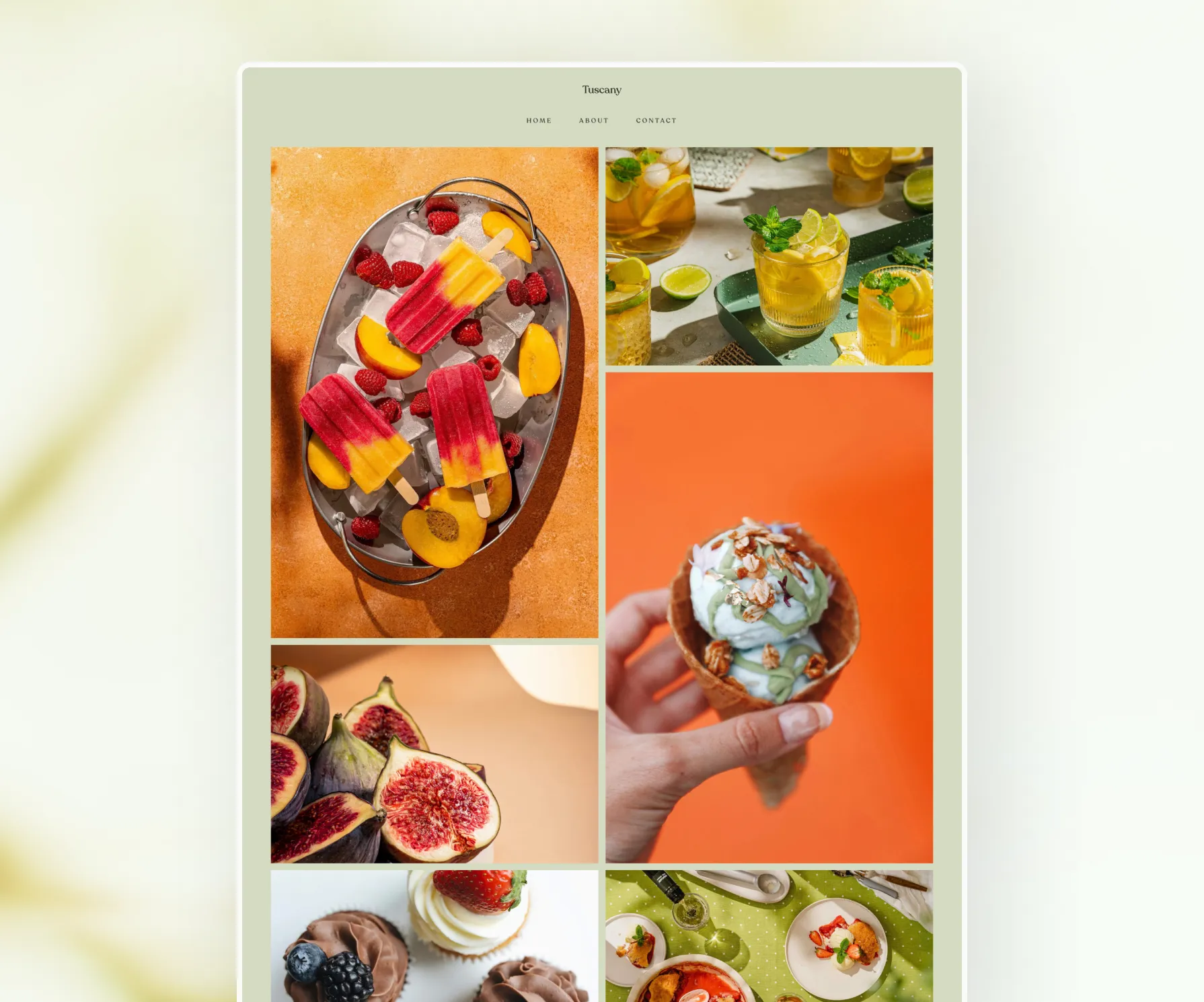 Commercial food photography website gallery featuring vibrant images of gourmet popsicles, citrus cocktails, mint ice cream cone, fresh figs, cupcakes, and plated brunch dishes; styled on colorful backdrops with bright, editorial lighting and minimalist navigation menu for Tuscany brand.