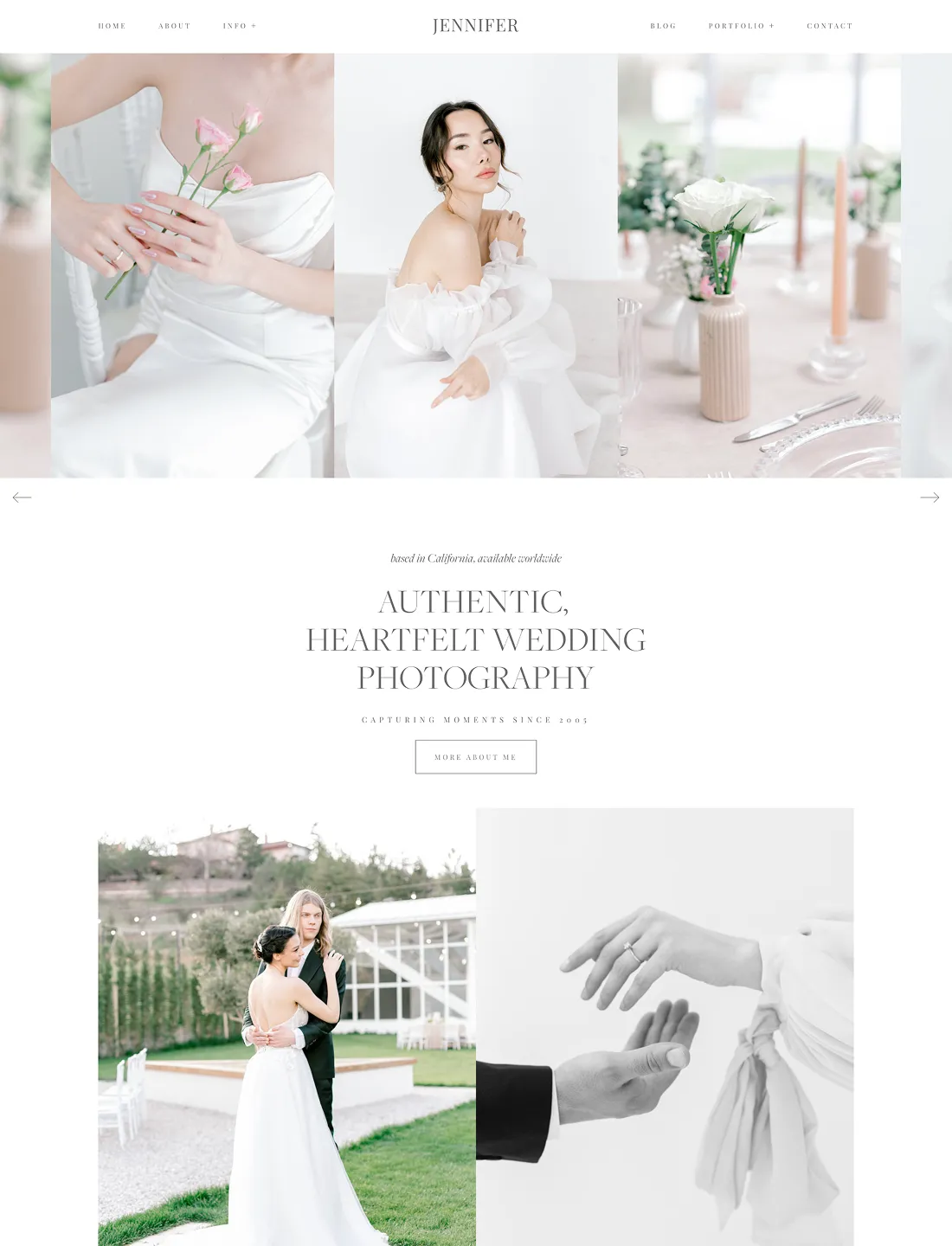 Light and airy wedding photography website design with romantic details, soft pastels, and heartfelt couple portraits.