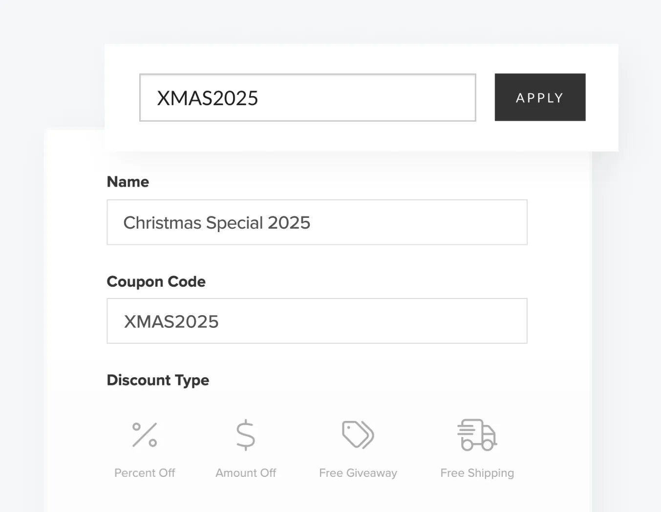 Discount settings interface showing editable fields for holiday coupon codes, including name, code, and discount type options like percent off or free shipping.