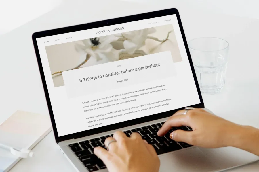 Laptop view of Pixieset blog post titled '5 Things to consider before a photoshoot' on a photographer’s website