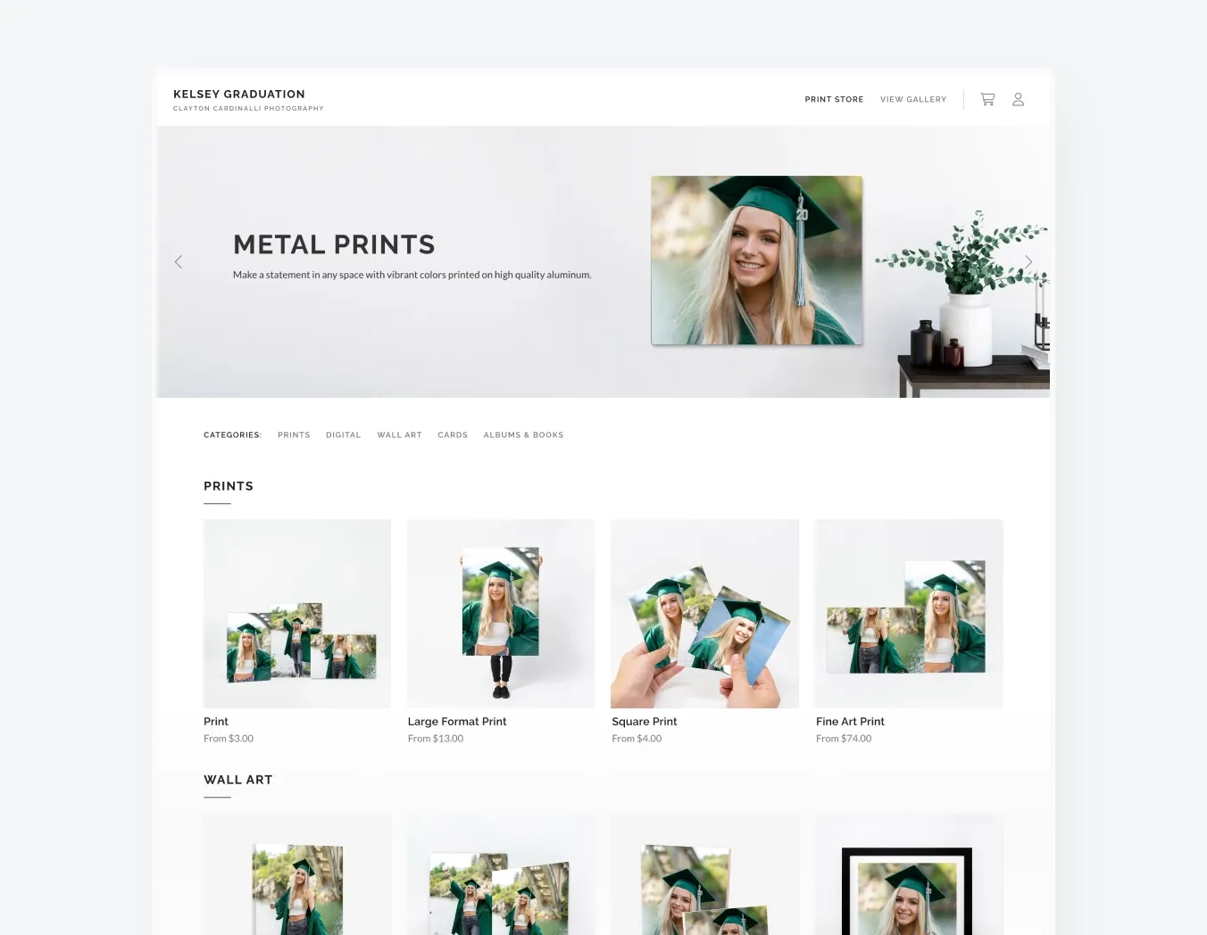 Pixieset Store lets photographers offer clients a vast array of print options, including these wall art and prints, metal prints and framed artwork.