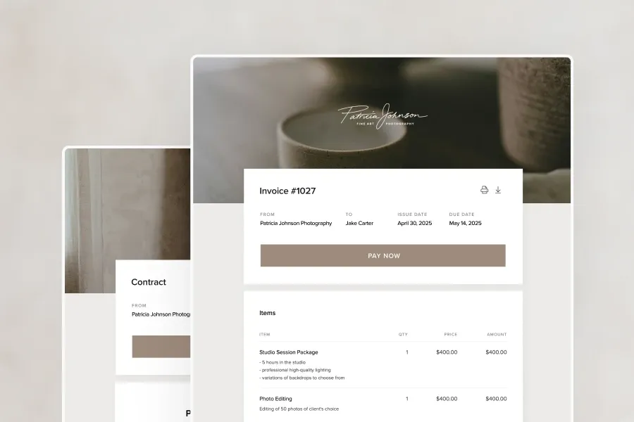 Pixieset invoice summary with contract and itemized photography studio session package details