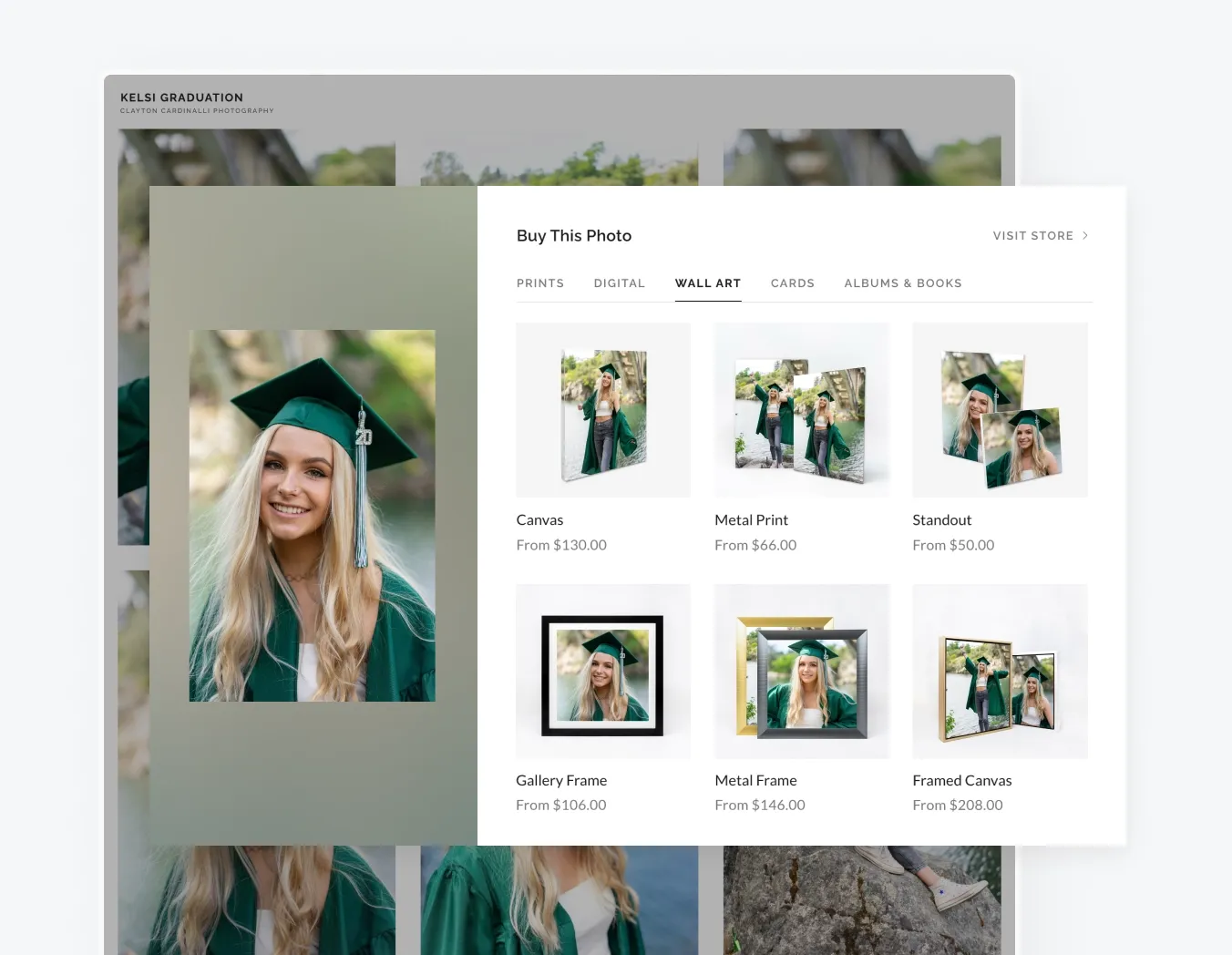 Pixieset seamlessly incorporates photographers client galleries into their storefront, like in this photo of a client gallery "buy this image" popup showing print options.
