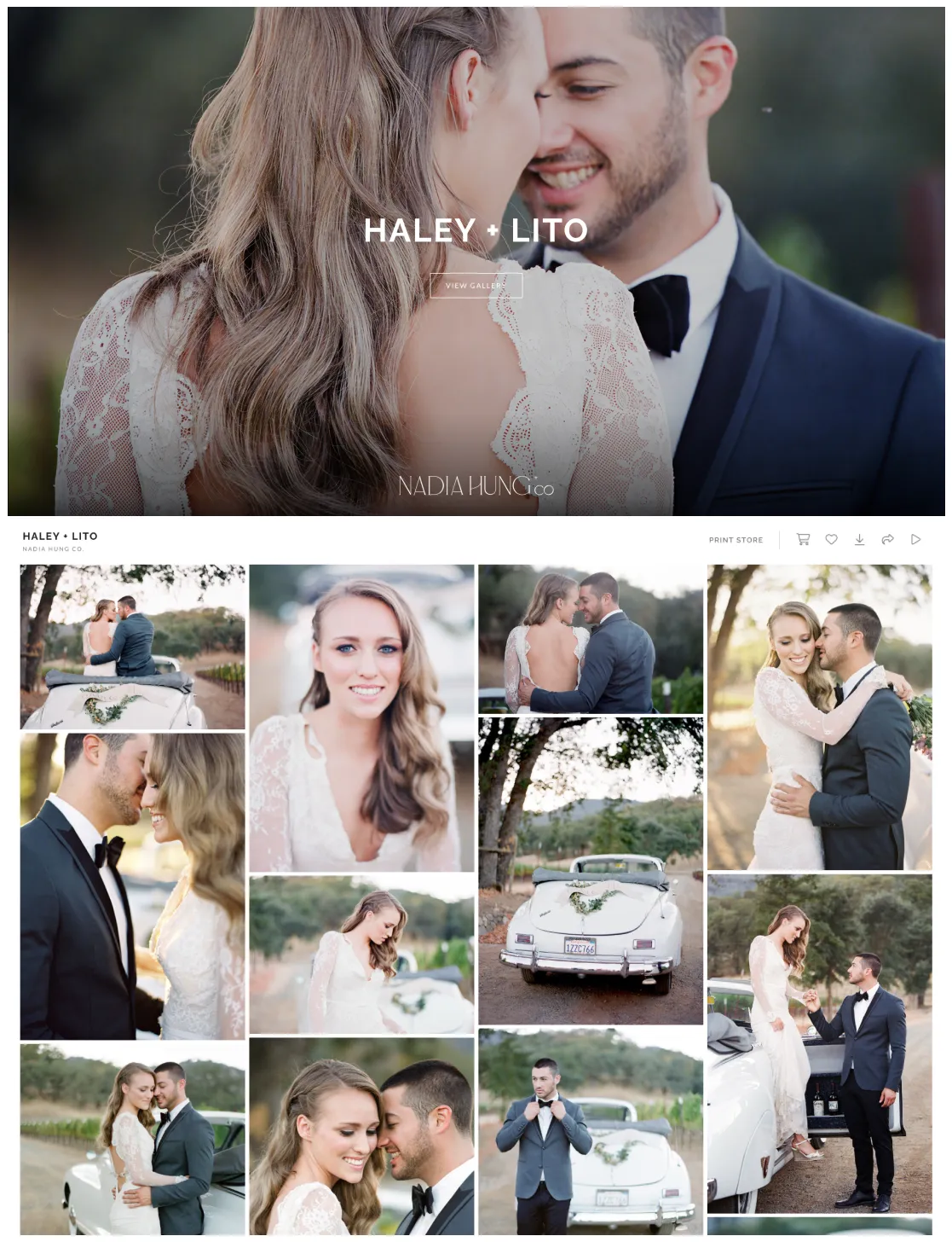 Romantic wedding photography of Haley and Lito with vineyard backdrops, classic convertible, and intimate sunset portraits by Nadia Hung.