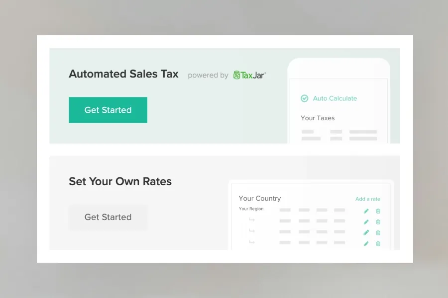 Pixieset Store tax settings interface featuring automated sales tax via TaxJar and manual rates.