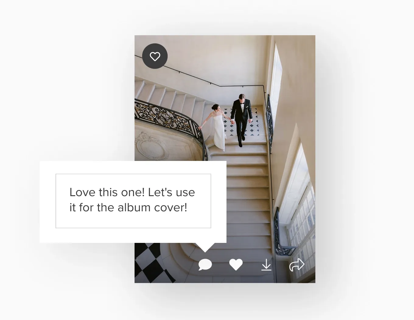 Individual photo view in Pixieset with a heart icon for favoriting, featuring a comment saying ‘Love this one! Let's use it for the main banner!’ to illustrate client collaboration.