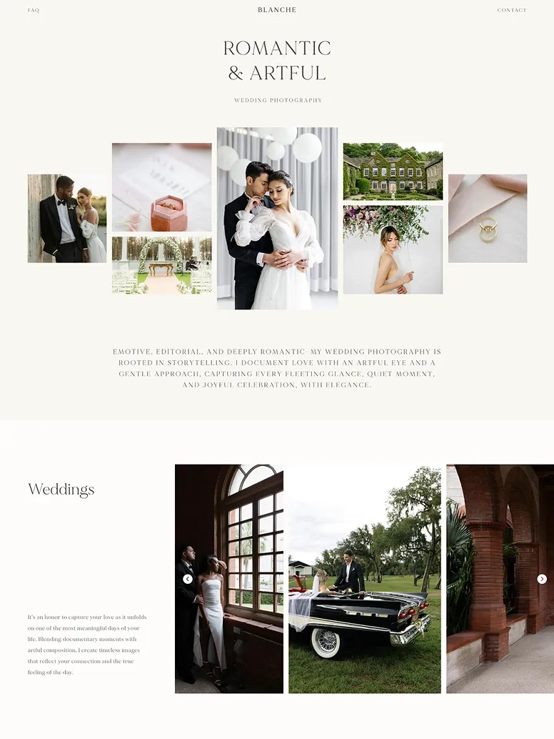 Elegant wedding photography website theme with timeless bridal portraits, romantic beach ceremony shots, and refined typography.