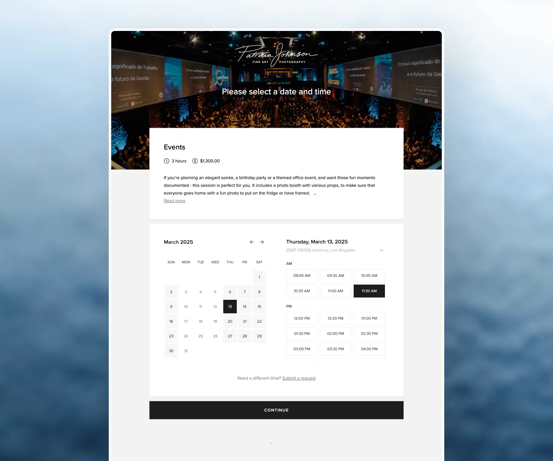 Event photography session calendar with details for booking corporate and social gatherings, including photo booth add-ons.