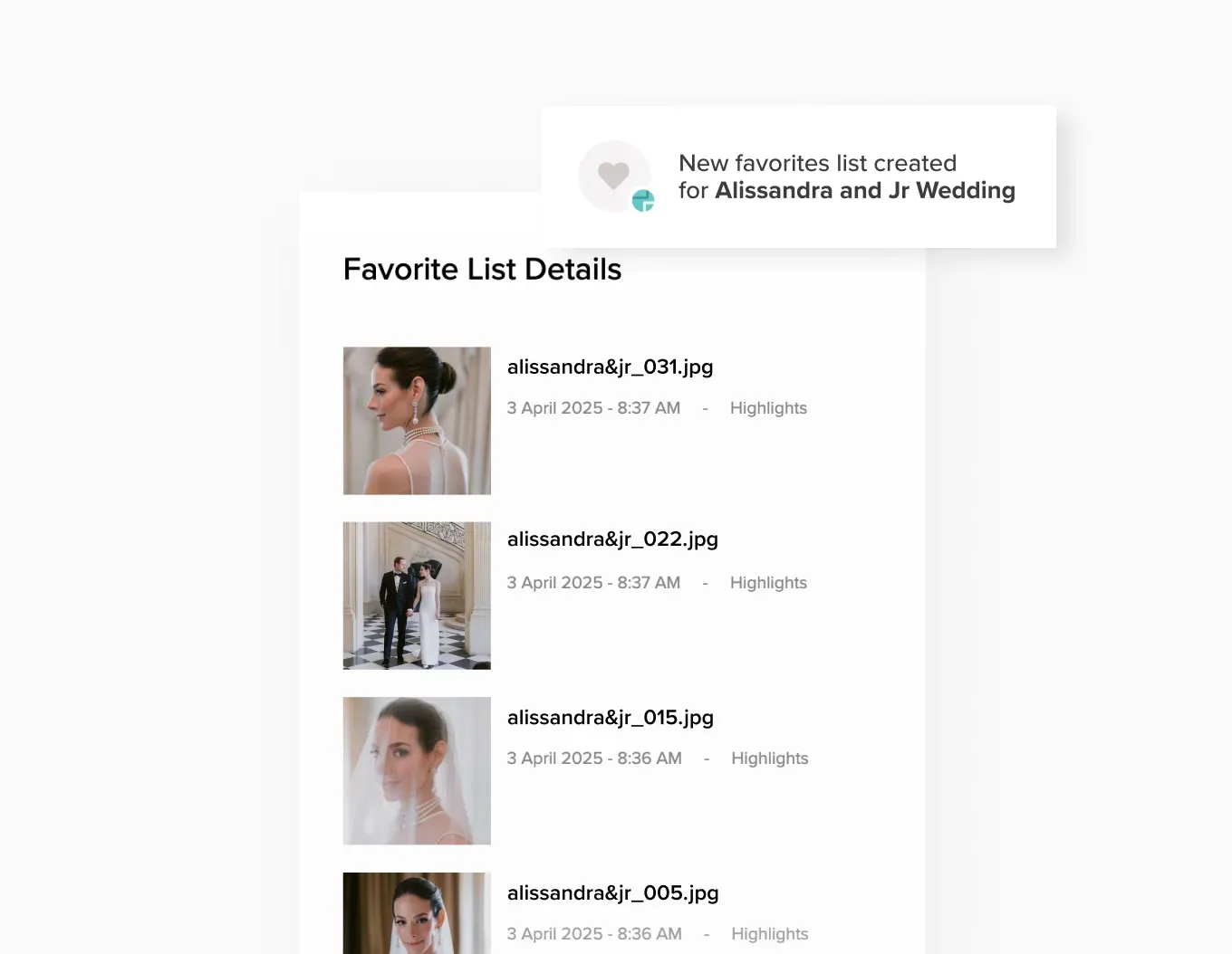 Pixieset Client Gallery lets you keep track of your clients' favorite photos - like this wedding gallery favorites list created with timestamped image selections, including thumbnails and filenames 