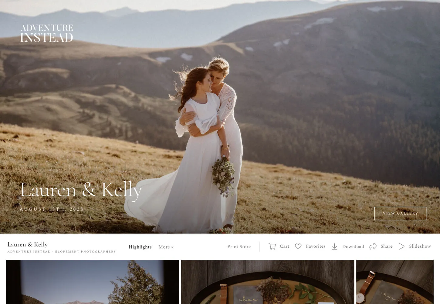 Intimate wedding elopement in the Colorado mountains with brides embracing at sunset.