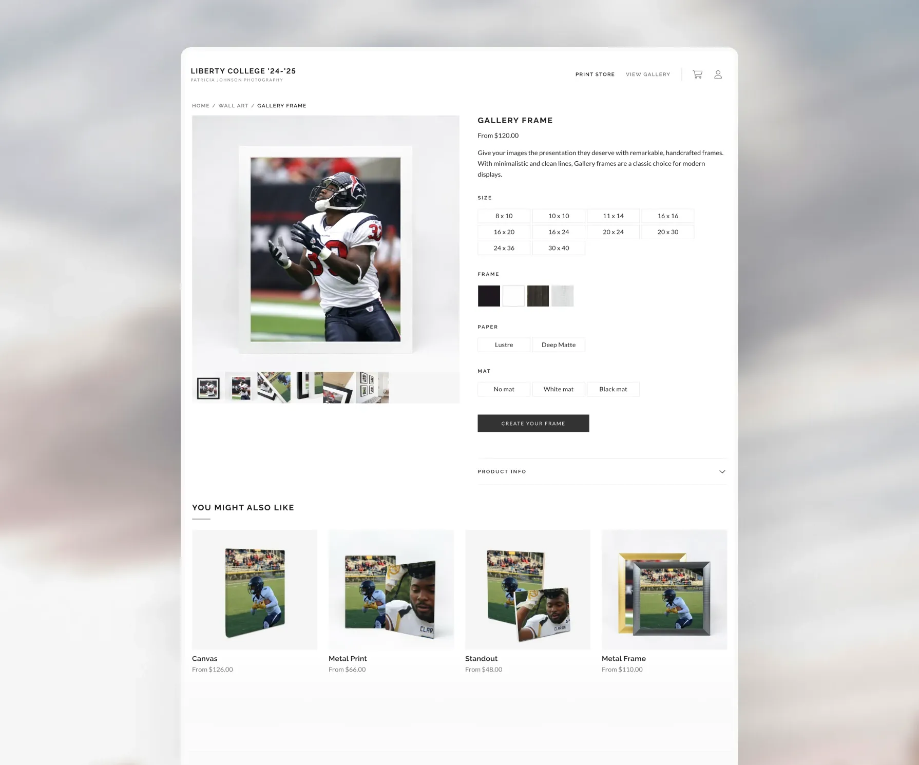 Custom framed sports portrait with product page options to choose size, frame, paper, and mat for photo printing.