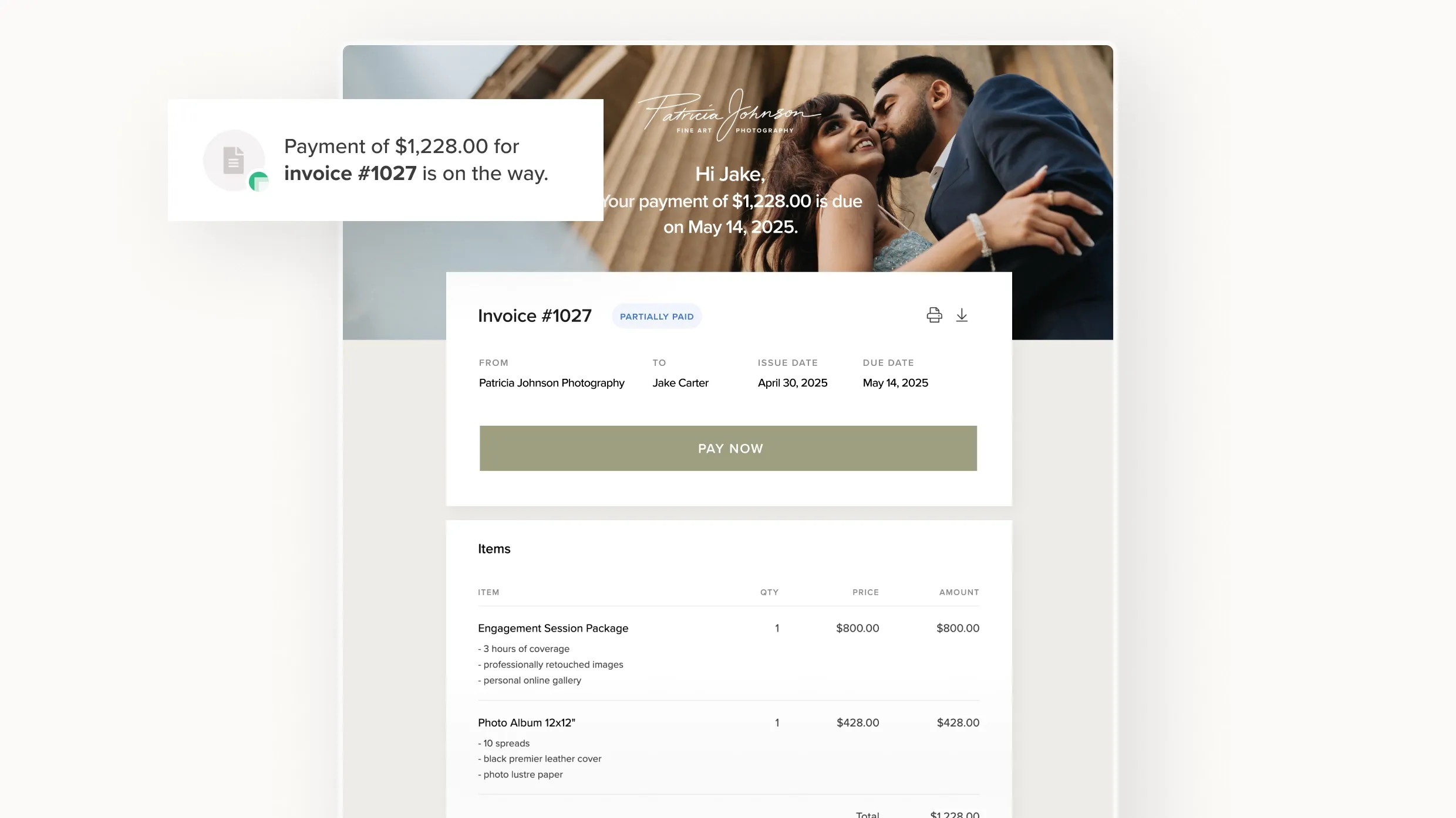 This beautifully branded invoice shows partial payment status and itemized photography service breakdown, made with Pixieset Studio Manager.