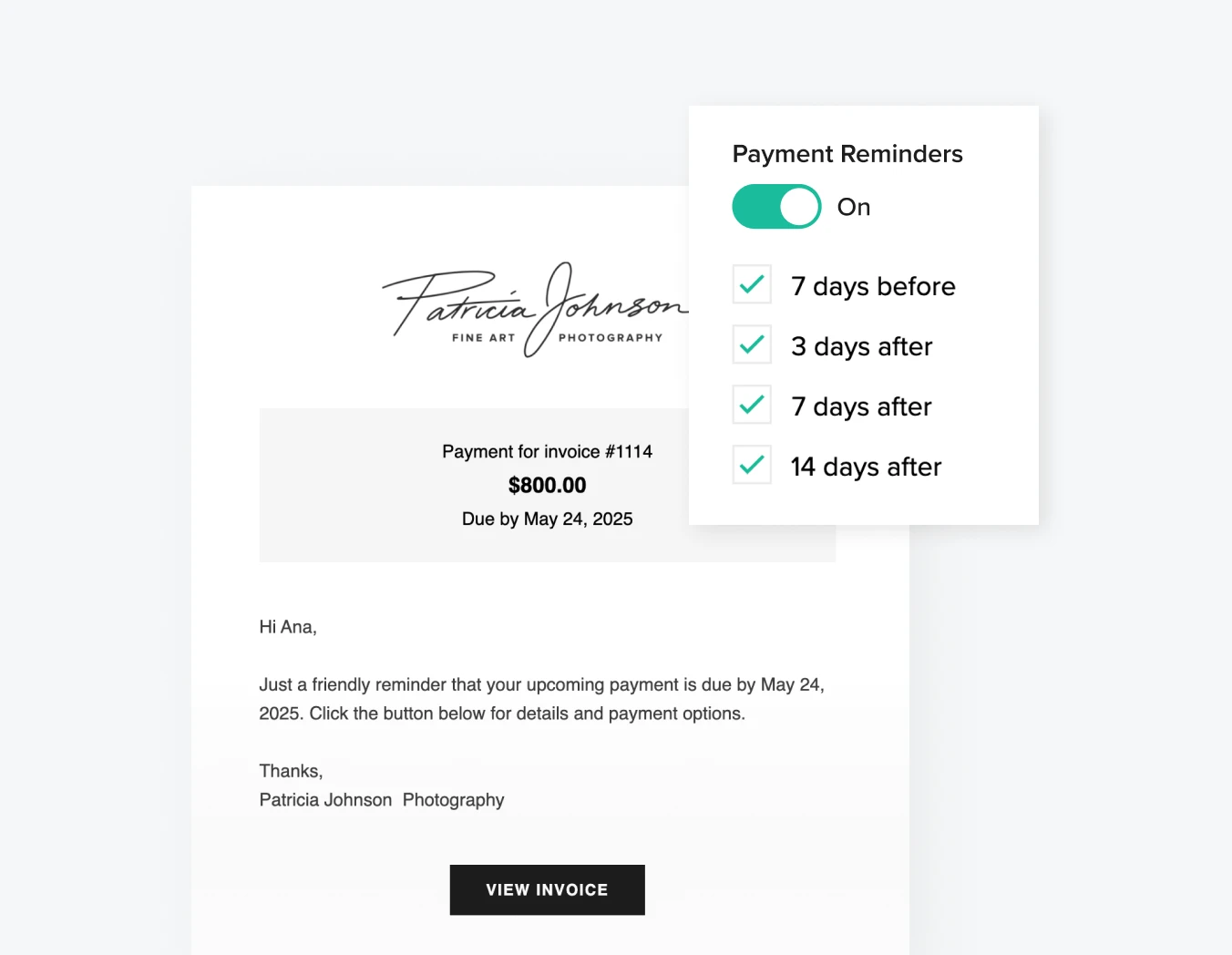 Set up Automated payment reminders for photography clients with customizable scheduling, to make payment collection painless.