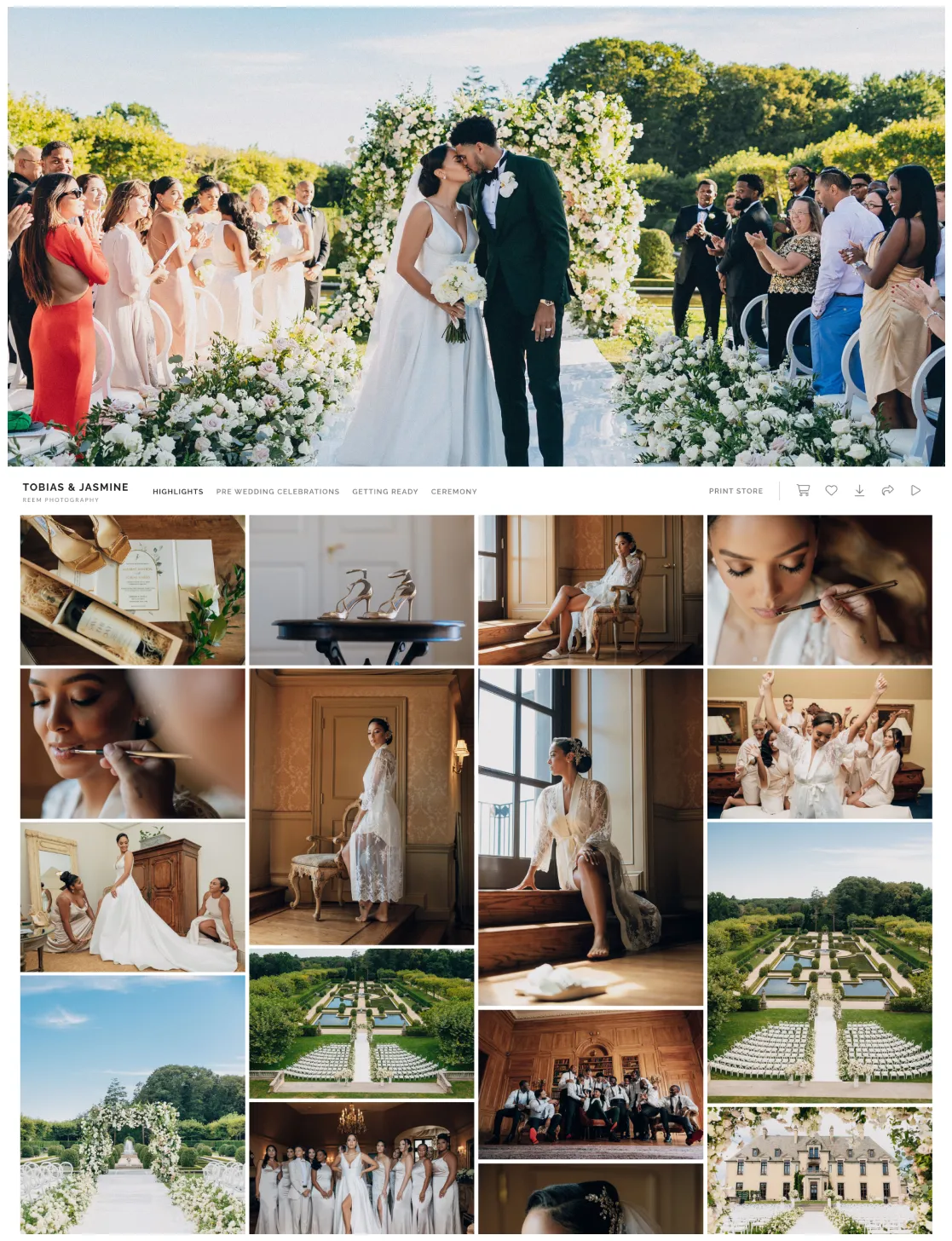 Luxury garden wedding photography of Tobias and Jasmine featuring floral ceremony arch, bridal preparations, and scenic estate views.