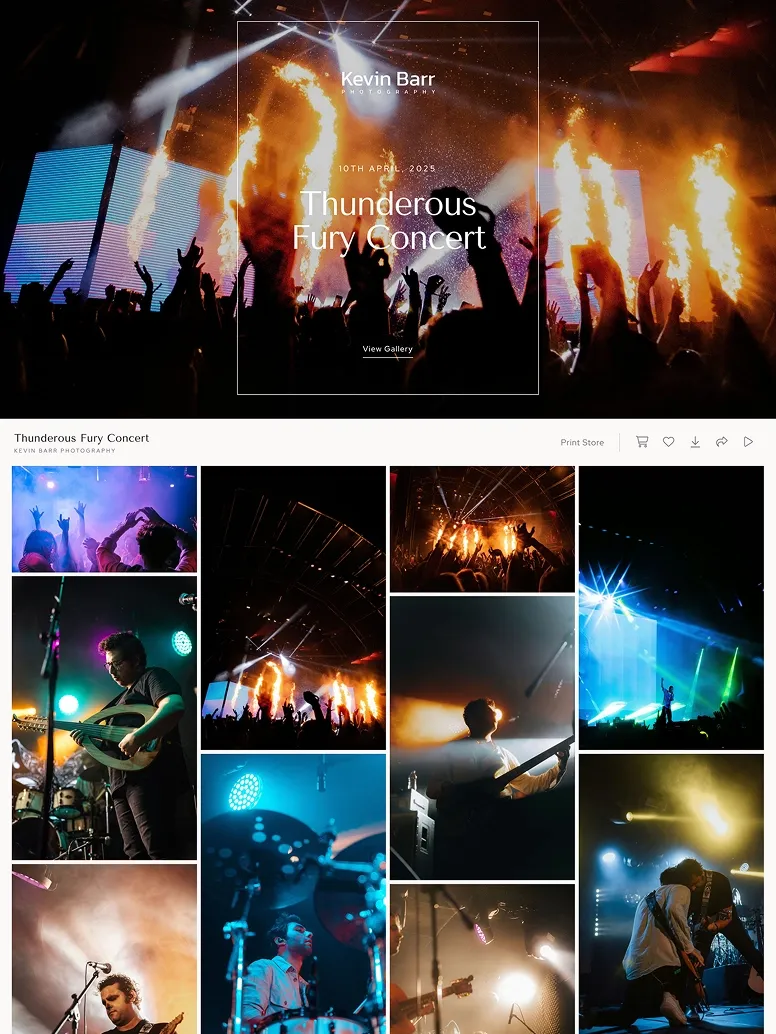 Live concert photography of Thunderous Fury with dramatic stage lighting, pyrotechnics, and high-energy crowd shots.