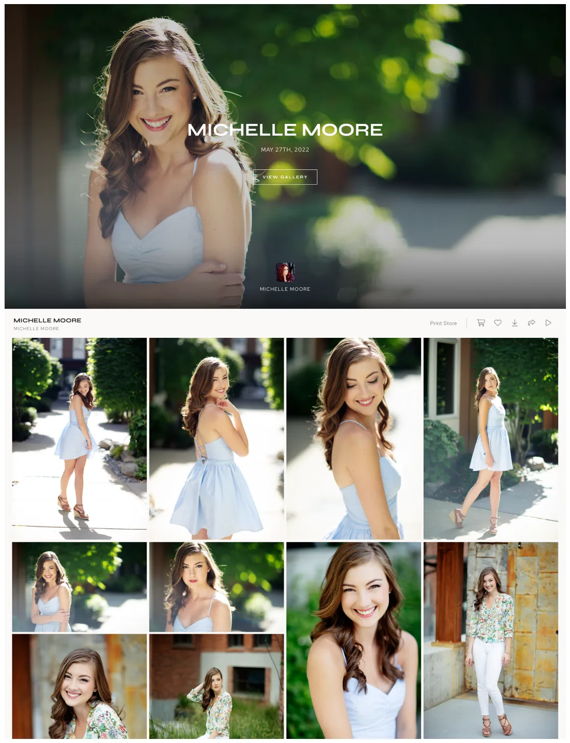 Natural light portrait photography of Michelle Moore featuring bright outdoor settings, soft backgrounds, and elegant casual style.