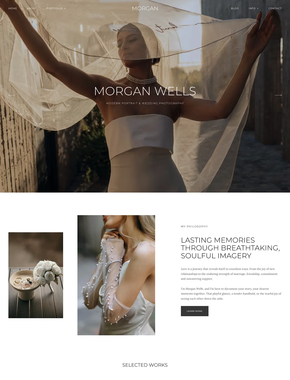 Elegant wedding photography portfolio homepage with cinematic portraits, romantic imagery, and a timeless editorial layout.