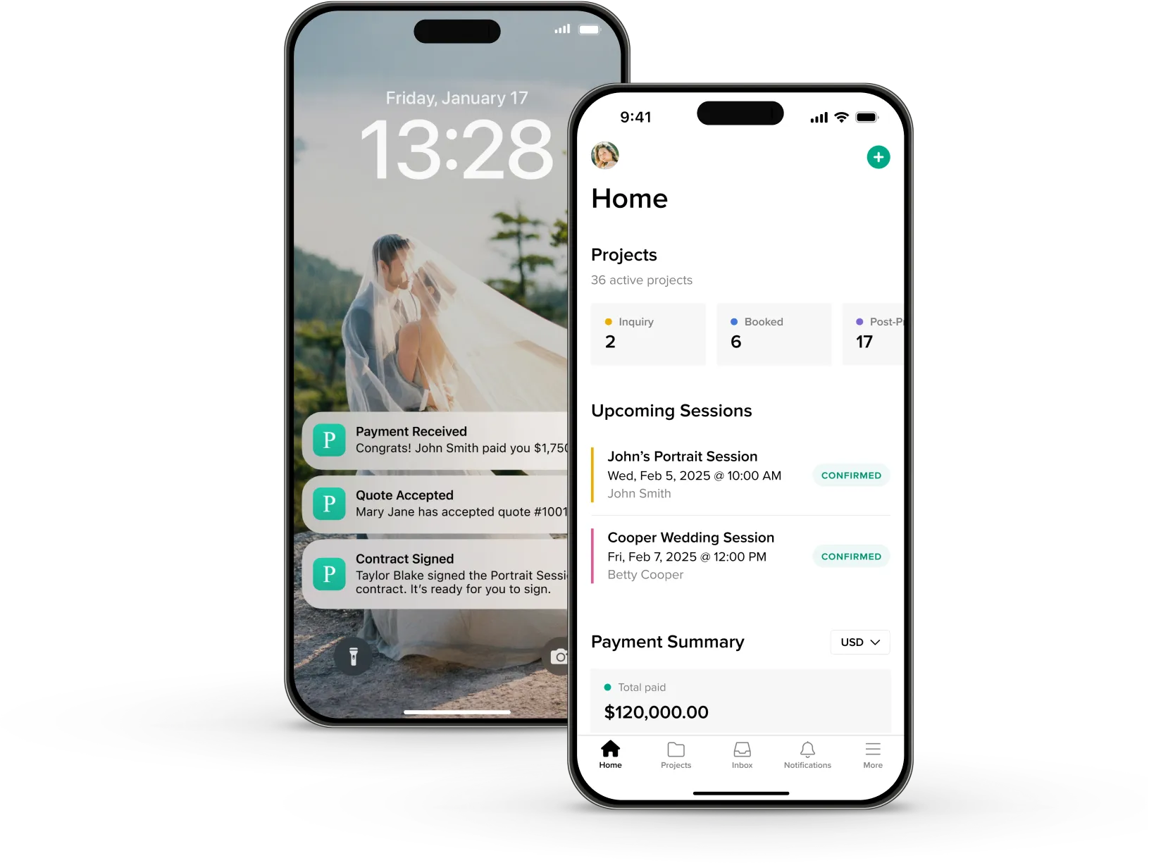 Pixieset Studio Manager's mobile app lets photographers keep track of projects, payments, and booking notifications - all from their mobile device.