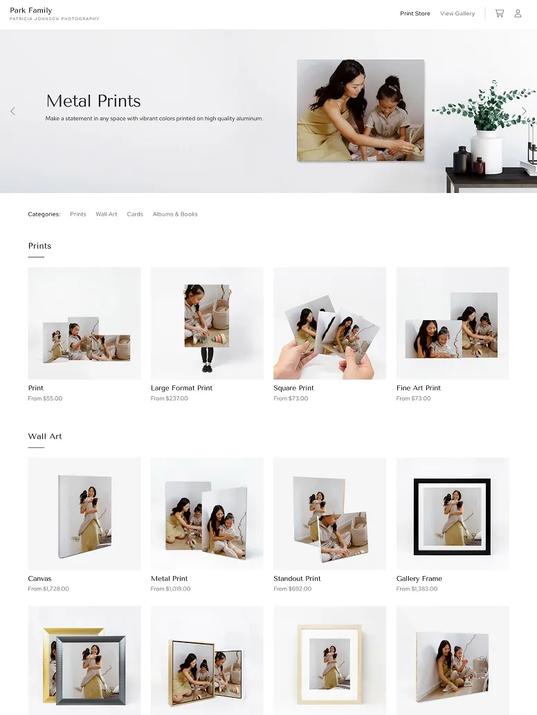 Pixieset photography print store product page highlighting metal prints with vibrant family portraits, plus options for prints, large format prints, square prints, fine art prints, and wall art including canvas, standout, gallery frames, and framed canvas displays.