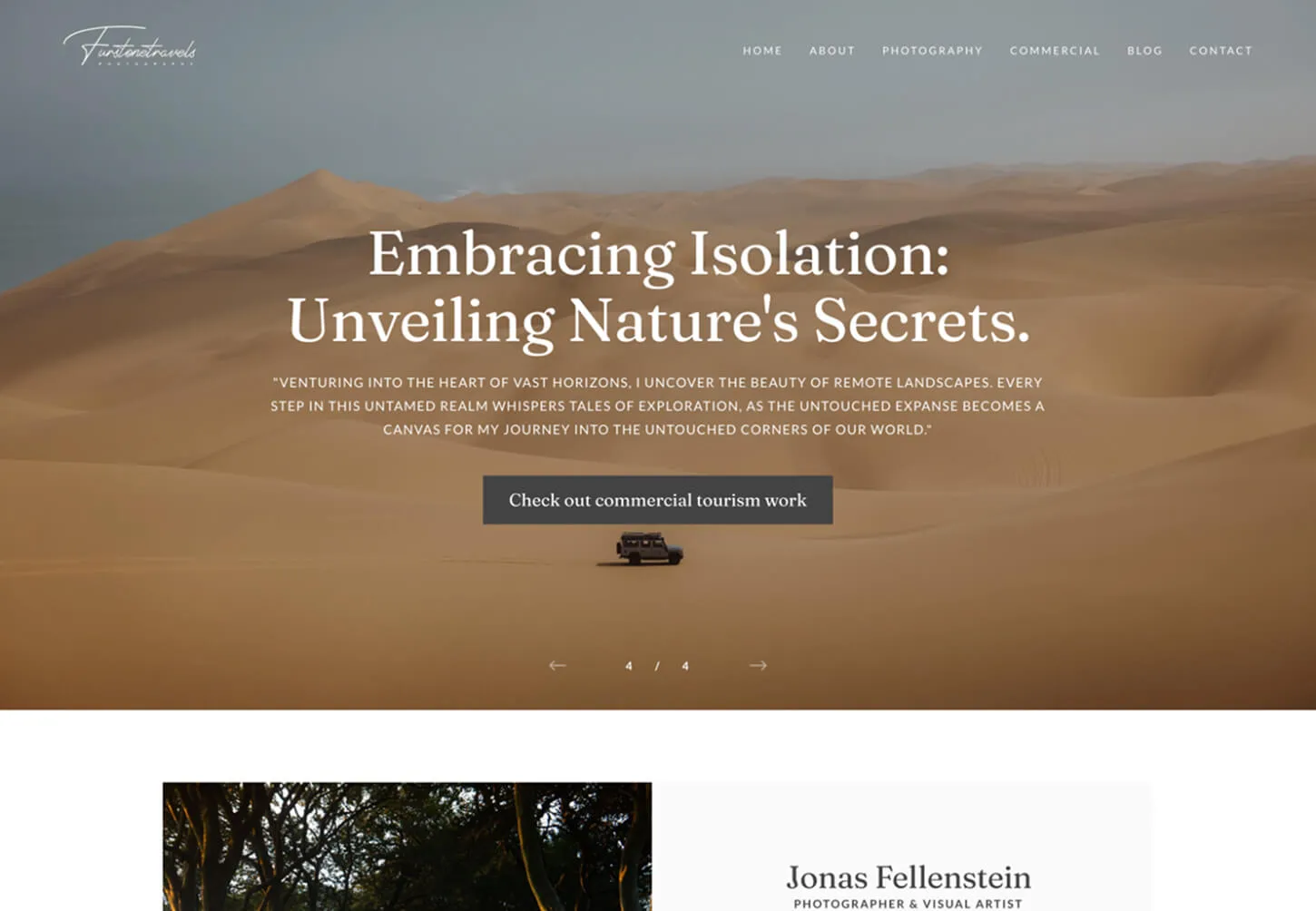 Dramatic landscape photography homepage with a vast desert scene and off-road vehicle, promoting commercial tourism and remote exploration.