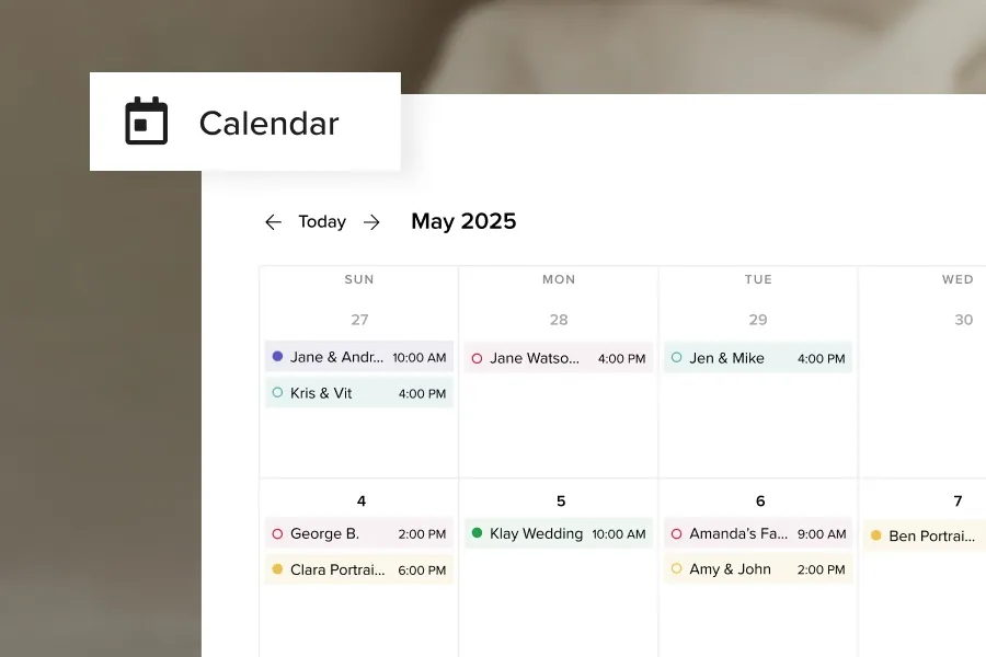 Photography booking calendar showing scheduled portrait and wedding sessions in May