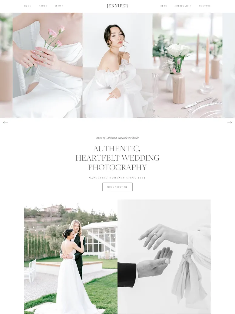 Light and airy wedding photography website theme with fine art bridal portraits, romantic floral details, and soft pastel tones.