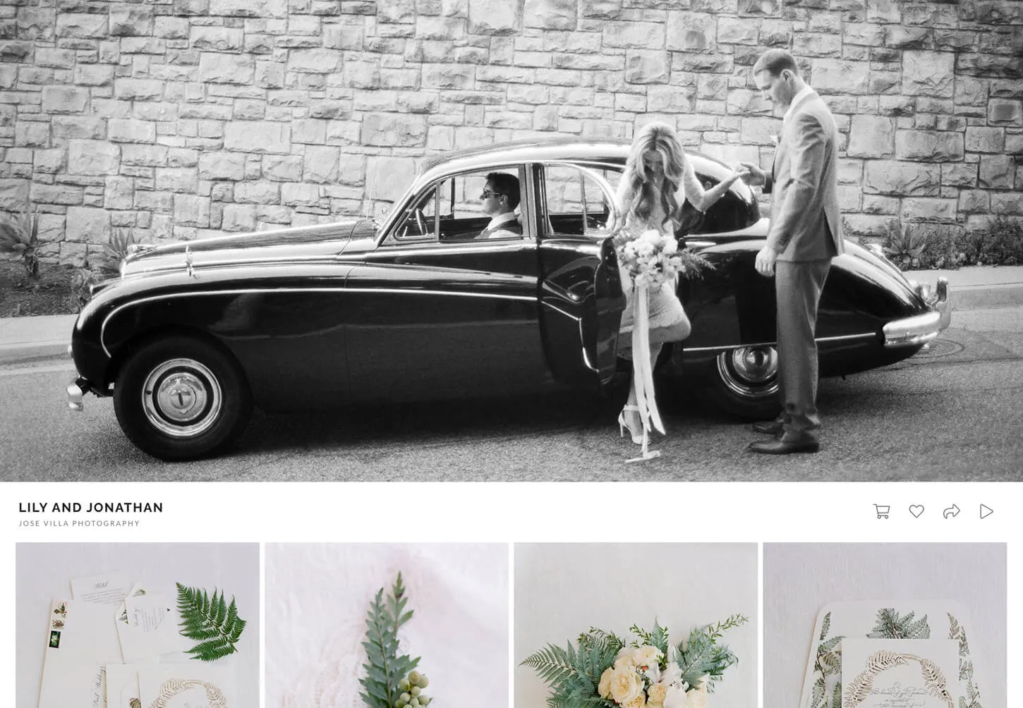 Bride stepping out of vintage black car with groom’s help on wedding day, captured by Jose Villa Photography