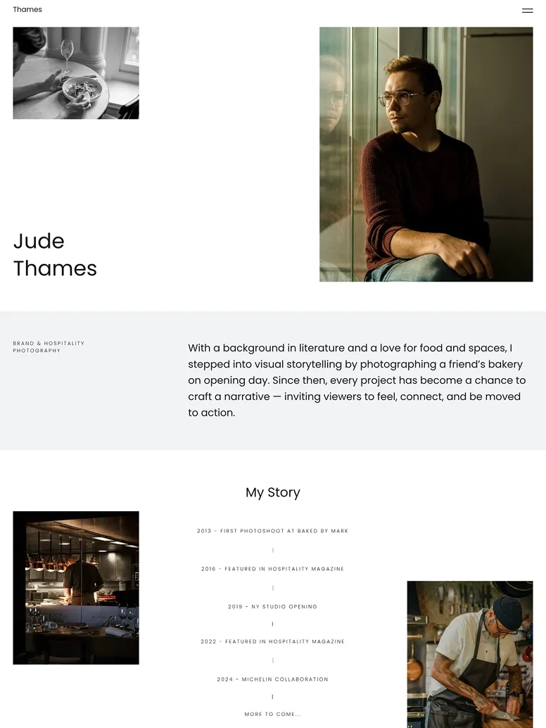 Brand and hospitality photography website template featuring professional chef portraits, upscale dining interiors, and culinary storytelling.