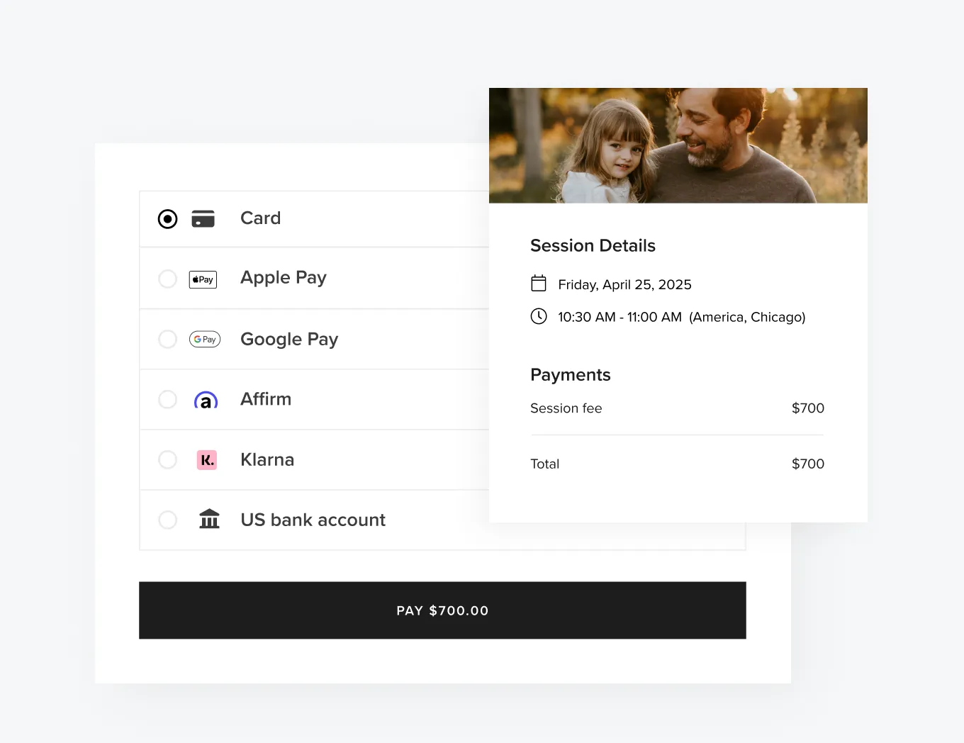 Pixieset Payments lets you accept credit cards, digital wallets & more - like in this Photography session payment summary with selected time and multiple payment method options