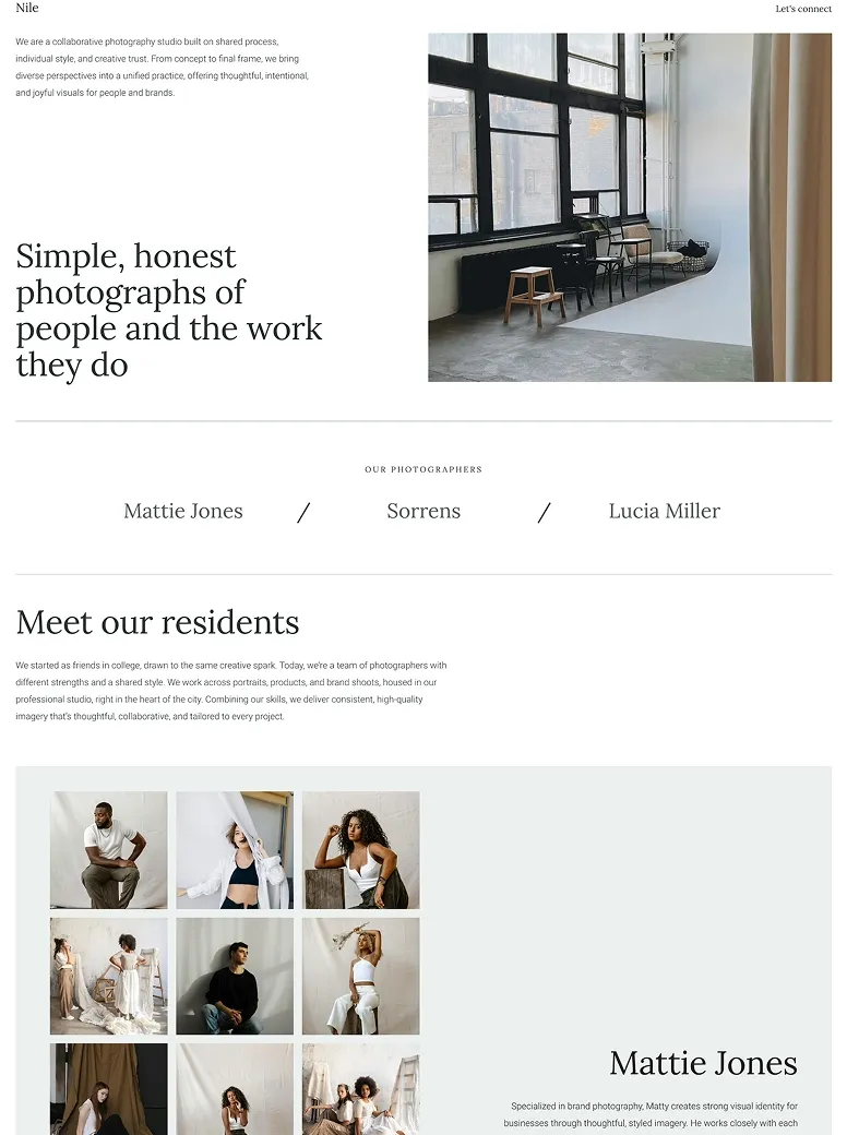 Contemporary photography studio website design featuring natural light portrait sessions, diverse model portfolio shots, and modern editorial styling.