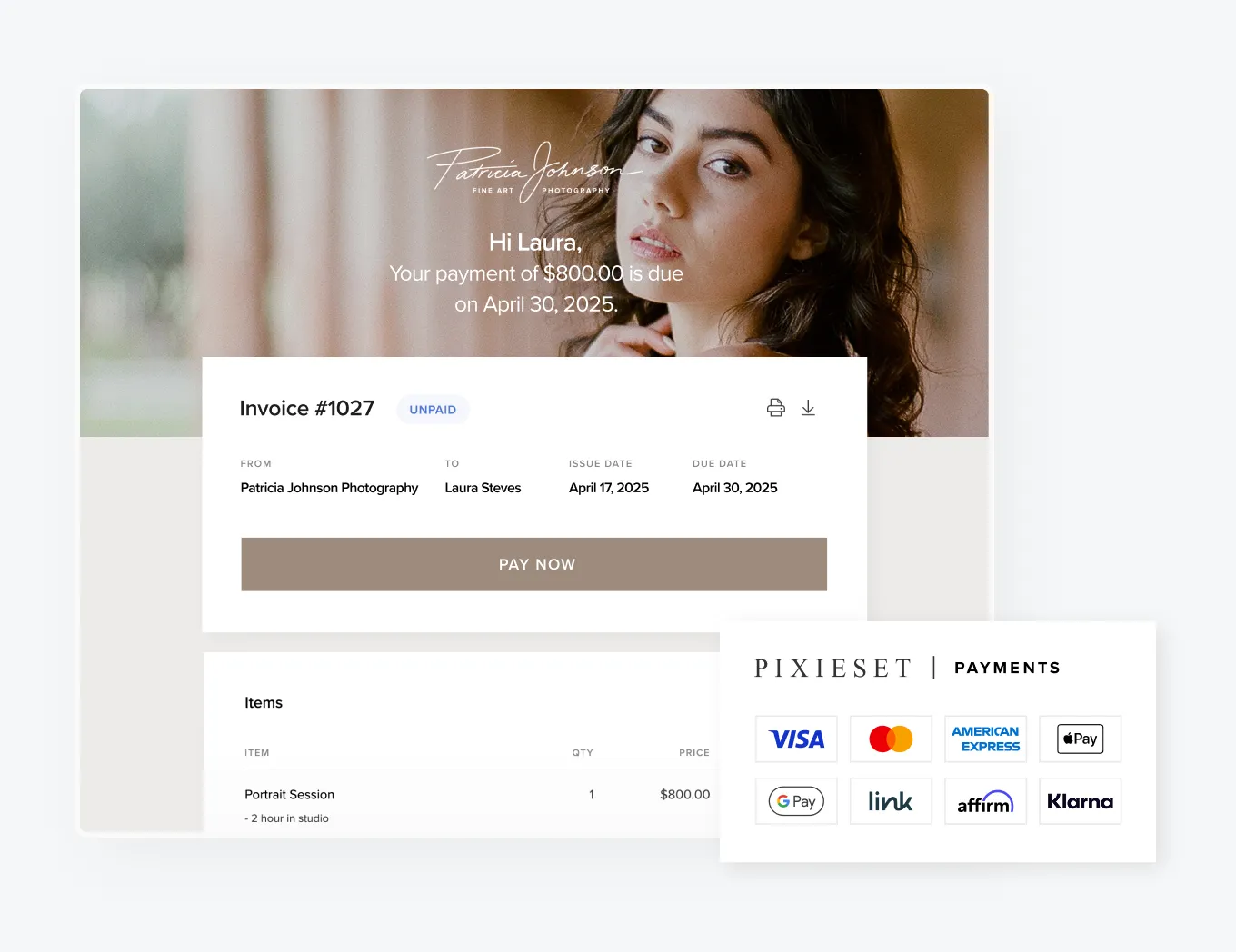 Photography invoice with Pixieset payment options including Visa, Mastercard, Apple Pay, Google Pay, Affirm, and Klarna
