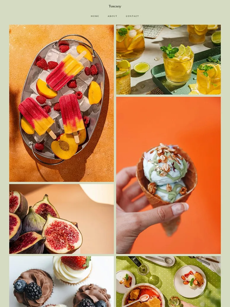 Food photography website theme highlighting vibrant culinary images, artisanal desserts, and bright, colorful food styling.