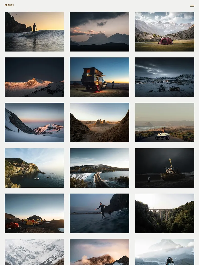 Outdoor adventure photography website showcasing mountain expeditions, camping, surfing, and rugged travel experiences.