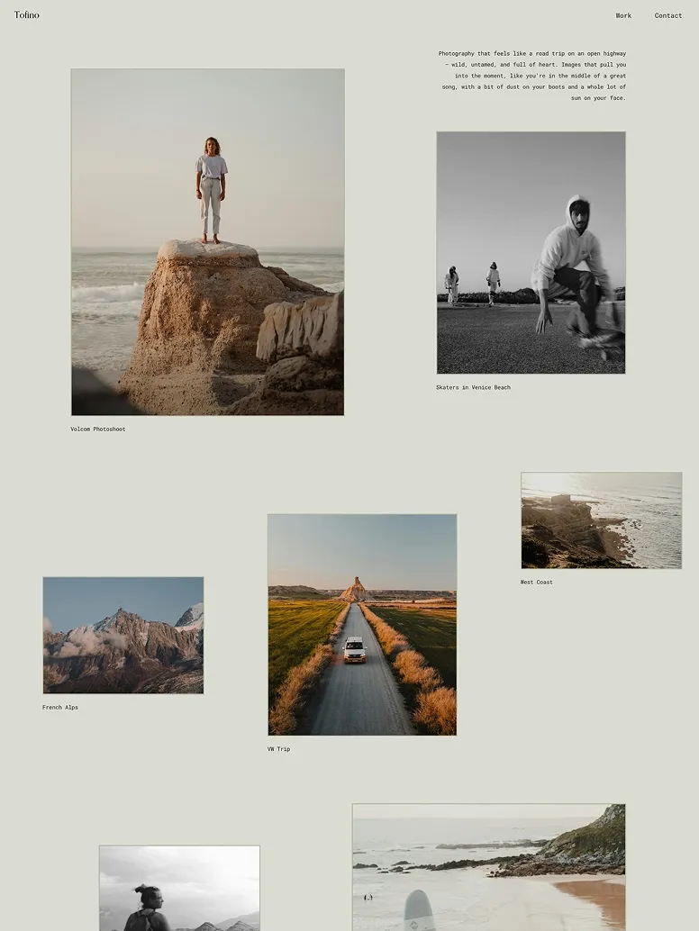 Surf and travel photography portfolio website theme with coastal adventures, road trips, and candid lifestyle moments.