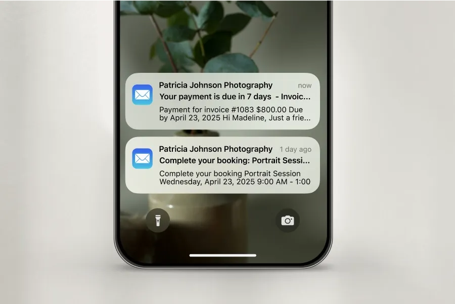 Pixieset mobile email notifications for photography invoice due date and session booking confirmation