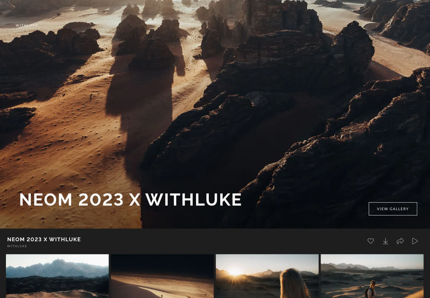 Aerial landscape of dramatic desert rock formations at sunset, captured by WithLuke in NEOM.