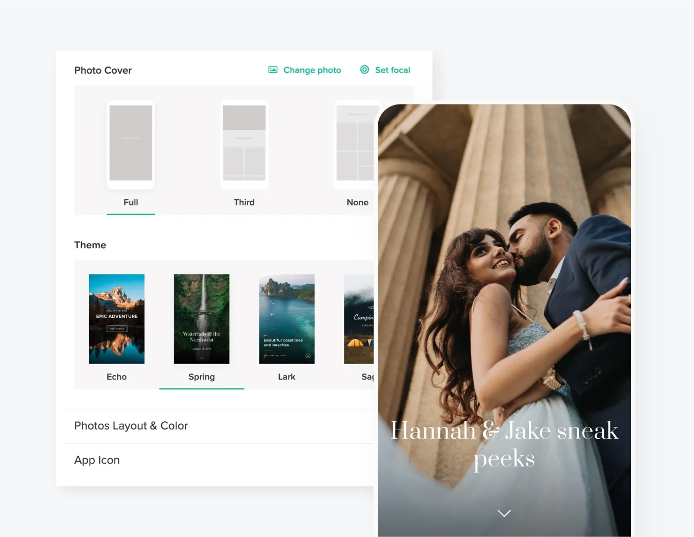 Pixieset Mobile Gallery App lets photographers give clients a Sneak Peek of their full photoshoot, like in this sneak peek of Hannah and Jake's wedding overlaying the custom layout options.