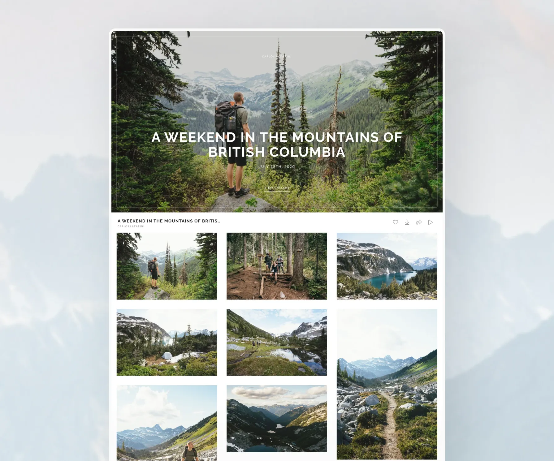 Outdoor adventure gallery titled 'A Weekend in the Mountains of British Columbia' featuring scenic landscapes and hiking shots.