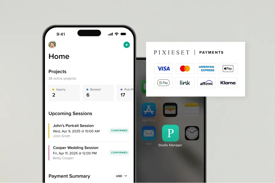 Pixieset Studio Manager mobile dashboard showing upcoming photography sessions and accepted payment methods including Visa, Mastercard, Apple Pay, and Affirm.
