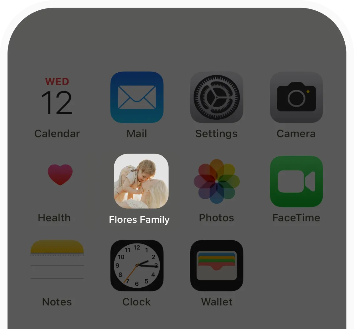 Mobile phone home screen displaying a custom app icon for the Flores Family photo gallery powered by Pixieset.