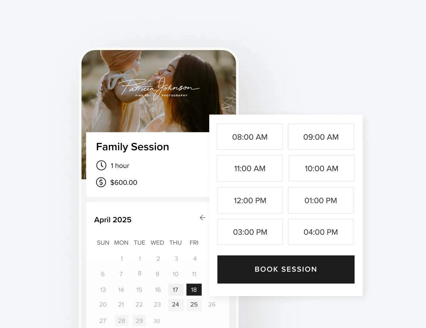 Studio Manager lets you share availability with clients, like in this Mobile-friendly family photo session scheduler with available time slots and calendar selection