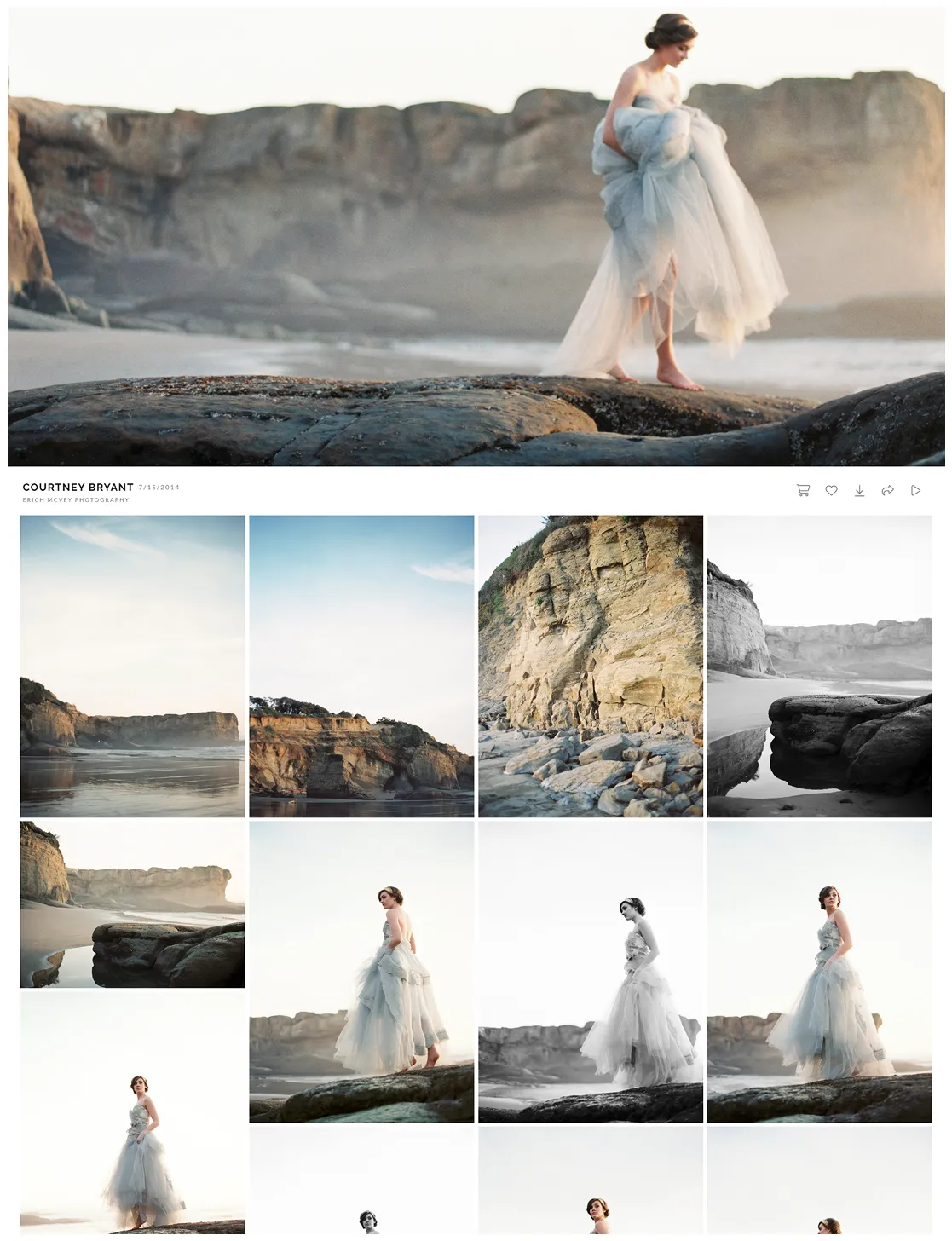 Editorial beach photography of Courtney Bryant in a flowing tulle gown among coastal rock formations at sunset.