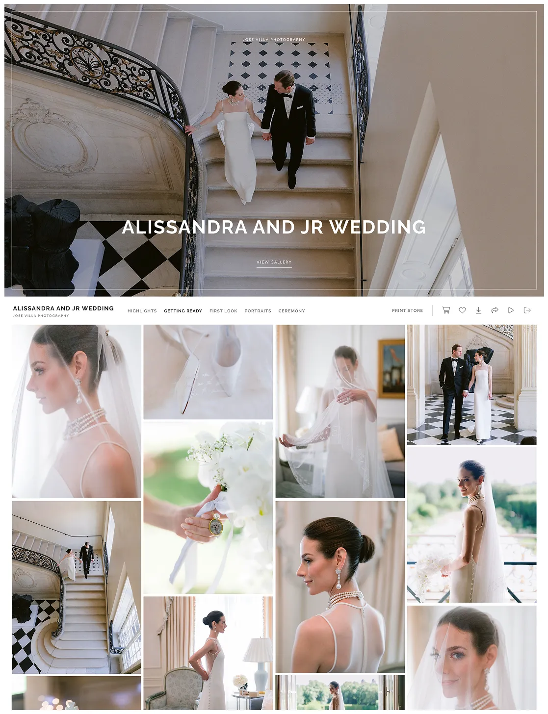 Elegant wedding photography of Alissandra and JR with timeless bridal portraits, black-tie ceremony, and luxury venue details by Jose Villa.