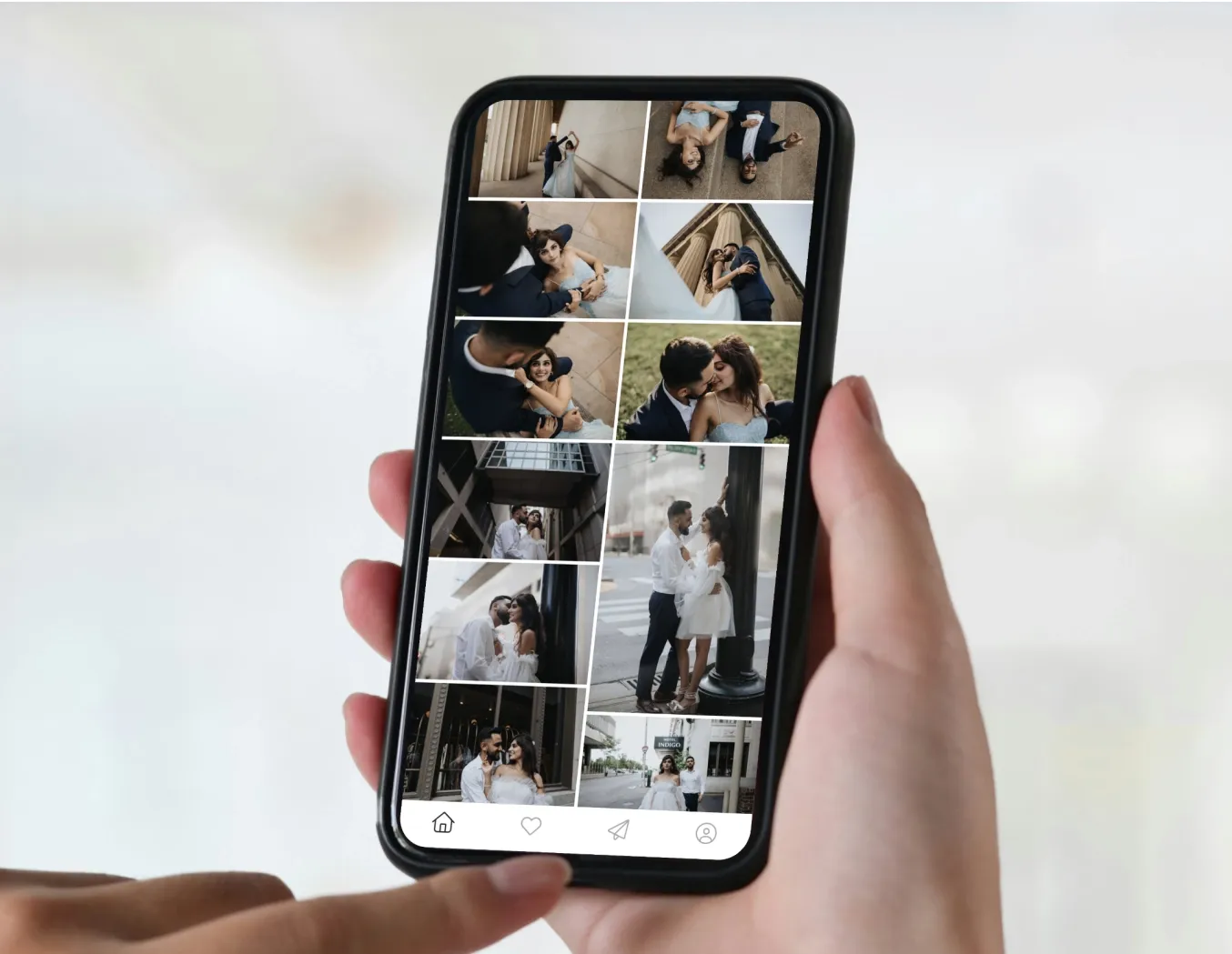 Mobile Gallery App is a great gift or add-on to a photoshoot, like this user browsing a Pixieset photo gallery on their phone featuring a wedding session.
