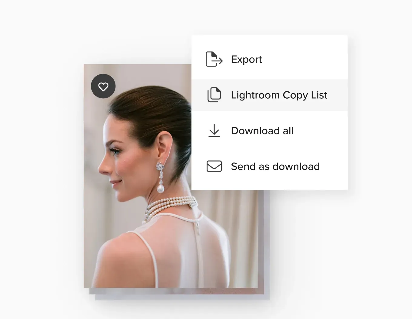 Pixieset lets you export & download favorites, showing a bride image marked as favorite, with export actions including Lightroom Copy List, Download All, and Send as Download.