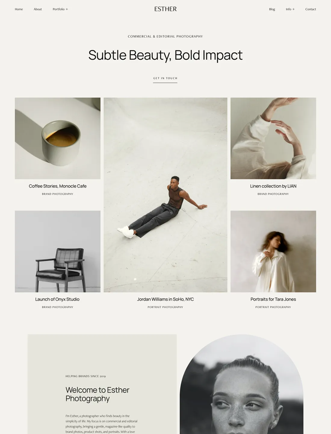 Commercial and editorial photography site layout featuring minimalist brand imagery, clean typography, and artistic portraiture.